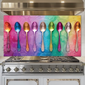 Cuillère colorée, dosseret de cuisine, dosseret en verre trempé, coque arrière de cuisinière, oeuvre d'art murale en verre trempé, couvercle de cuisinière, décoration de cuisine
