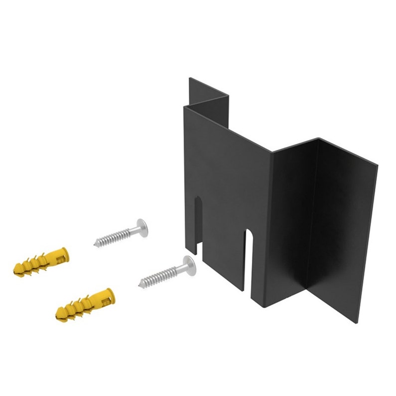 May include: Black metal corner bracket with two screws and two yellow plastic anchors. The bracket is designed to be used for mounting a shelf or other object to a wall.