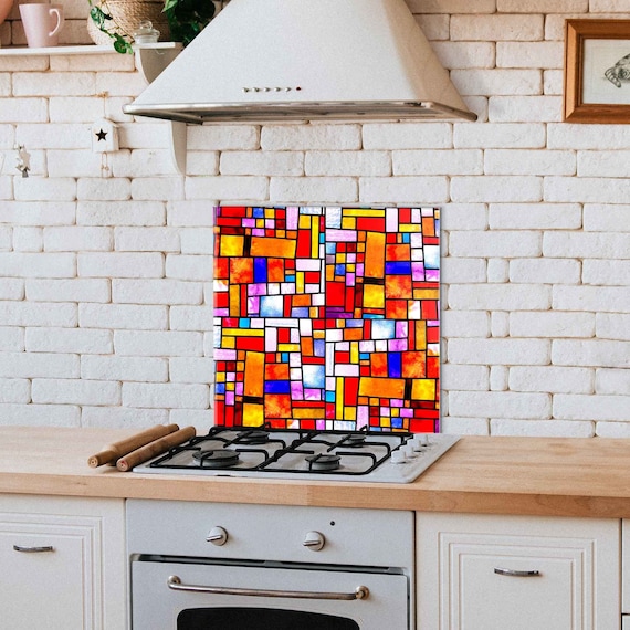 DEQORI Pannello posteriore per cucina in vetro, motivo Azulejo, 80 x 40 cm, pannello posteriore per bagno o stufa, paraspruzzi per cucina e bagno, decorazione moderna per specchio piastrellato
