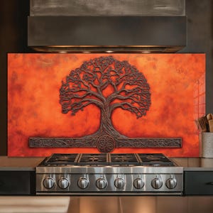 Dosseret en verre trempé, crédence de cuisine arbre de vie, couverture arrière de poêle, oeuvre d'art murale en verre trempé, couvercle de dessus de cuisinière, décoration de cuisine