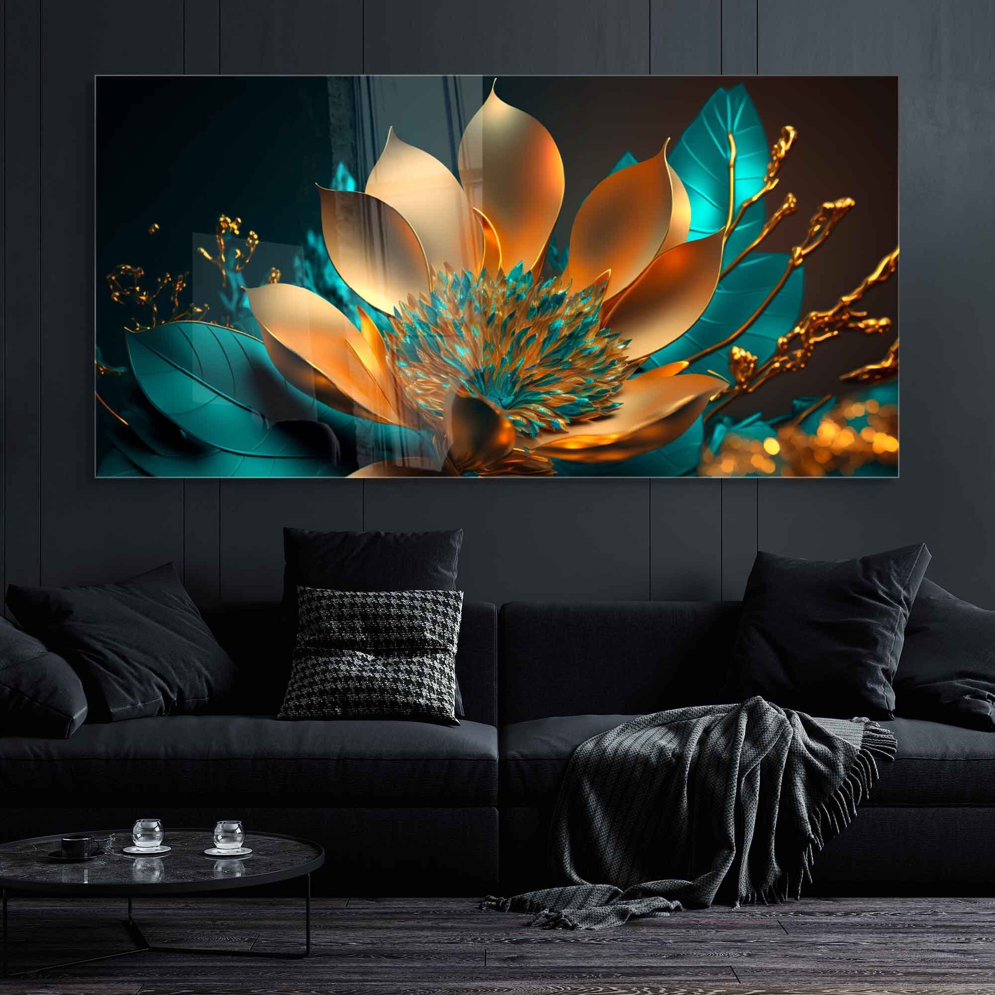 Tempered Glass Wall Art, Extra Large Wall Decor, Living Room Home Decor, Flowers Glass Painting, Decor for Bedroom, Housewarming Gift