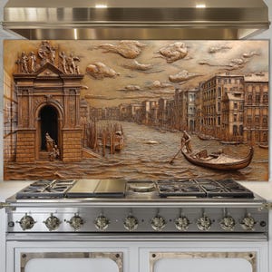 Dosseret en verre trempé, crédence de cuisine Venice, couverture arrière de poêle, oeuvre d'art murale en verre trempé, capot de cuisinière, décoration de cuisine