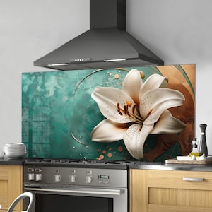 Dosseret en verre trempé, crédence de cuisine florale, couverture arrière de poêle, oeuvre d'art murale en verre trempé, couvercle de cuisinière, décoration de cuisine
