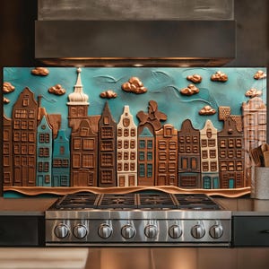 Dosseret en verre City chocolat, crédence de cuisine, couverture arrière de poêle, oeuvre d'art murale en verre trempé, couvercle de cuisinière à gaz, décoration de cuisine maison