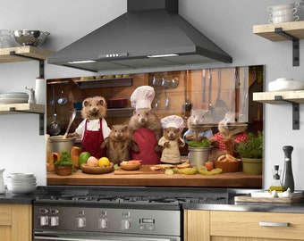 May include: A kitchen backsplash featuring a whimsical scene of hedgehogs and other animals dressed as chefs. They are gathered around a wooden counter with food items, wearing chef hats and aprons. The background shows kitchen utensils.