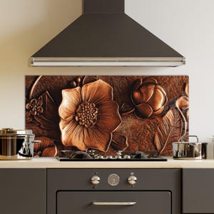 Dosseret de cuisine en verre trempé, Cache-évier fleurs cuivré, Garde-boue pour évier, Couvercle supérieur arrière de cuisinière, Crédence en carreau de verre, Planche à découper