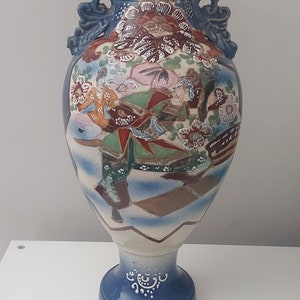 Large Antique Japanese 47cm Satsuma Moriage Vase with Dragon Handles.