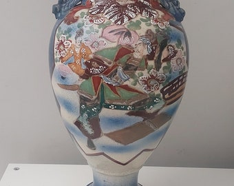 Large Antique Japanese 47cm Satsuma Moriage Vase with Dragon Handles.