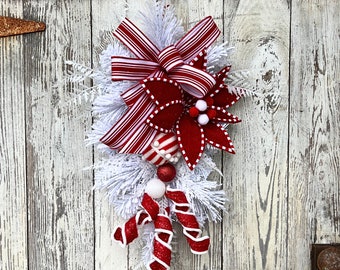 Mini Christmas peppermint poinsettia swag, red and white Christmas decorations, small door Christmas swag, Christmas stairway decoration