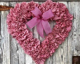 Large pink burlap farmhouse Valentines Day heart wreath, Rustic burlap heart wreath for home decor, Valentines Day home decor wreath