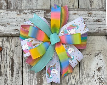 Unicorn rainbow bow for party decorations, Magical unicorn bow for Unicorn theme events, Unicorn wreath bow, Rainbow party decor bow