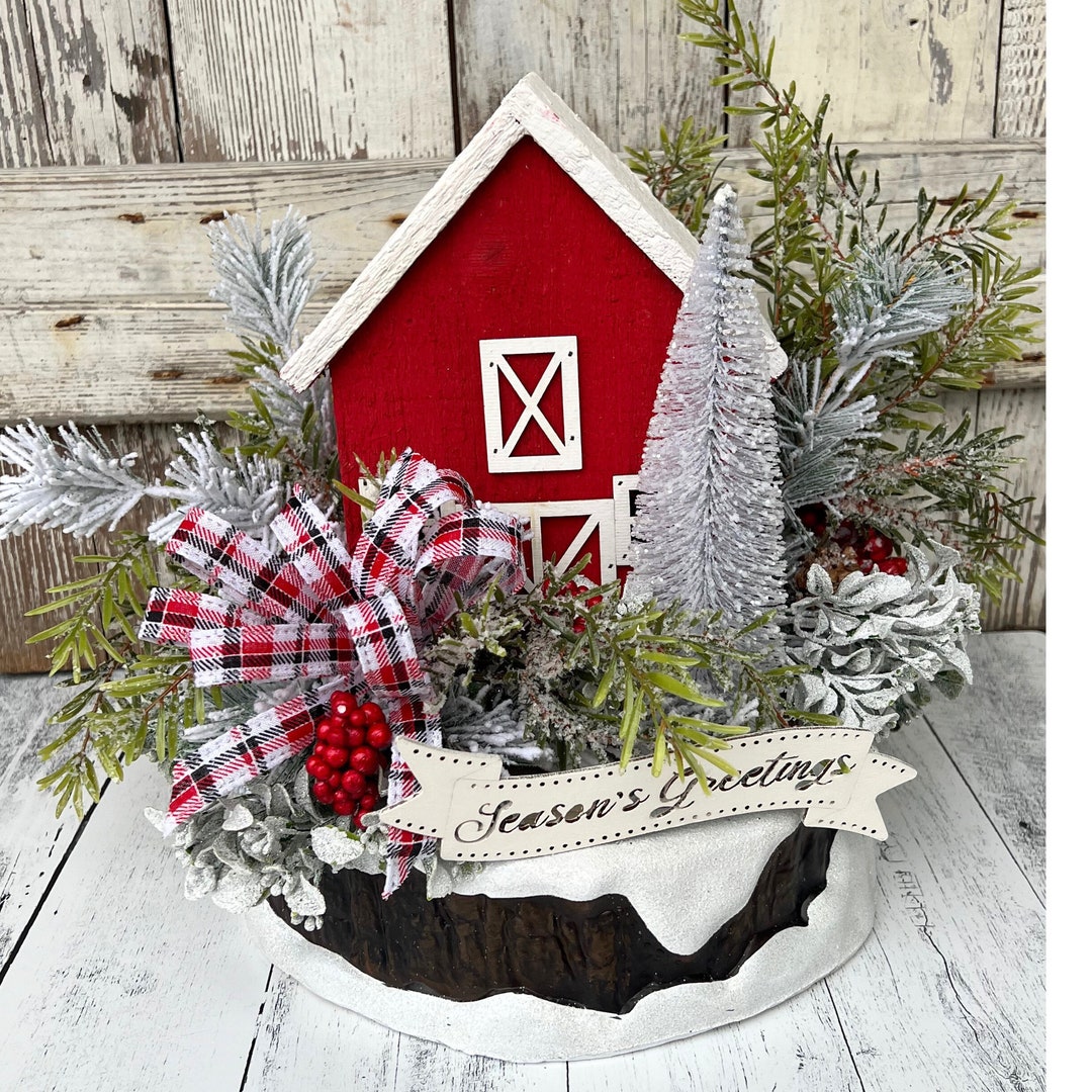 Red Barn Winter Wonderland Farmhouse Centerpiece, Seasons Greetings ...
