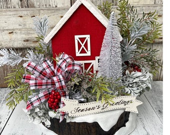 Red barn winter wonderland farmhouse centerpiece, seasons greetings rustic table arrangement, rustic barn Christmas table decoration