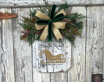 Rustic wooden sleigh ride Holiday door decor, gold Christmas sleigh wall decor, farmhouse Holiday door hanger