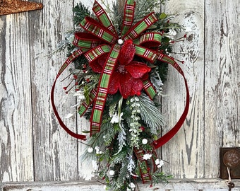 Snowy mixed pine farmhouse christmas door swag, Christmas glittered magnolia swag, red and white Christmas floral and pine door wreath