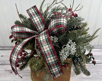 Rustic farmhouse wood box Christmas pine arrangement, farmhouse plaid bow winter centerpiece, frosted pine winter greens rustic table decor