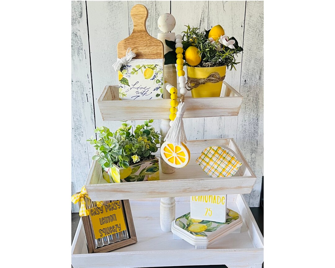 Farmhouse Lemon Themed Tiered Tray Decor Lemon Beaded Etsy