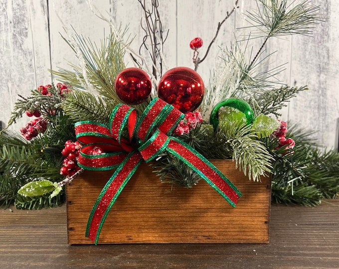 Rustic Red and Green Ornament Wood Box Table Arrangement for Christmas, Farmhouse Pine and Berry