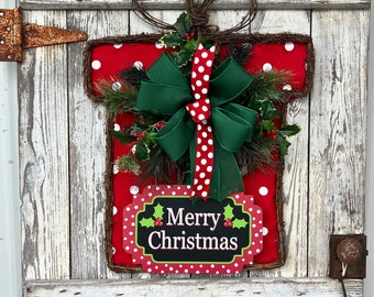 Twig Christmas present door hanger, farmhouse Christmas wall decoration, rustic merry Christmas porch decoration, holly and pine door hanger