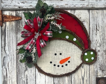 Burlap farmhouse snowman door hanger, Rustic Snowman winter wreath, winter snowman front door decor,  burlap snowman door hanger