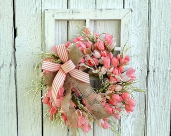 Coral tulip farmhouse spring wreath wall decor, farmhouse window pane wall decor, windowpane tulip wreath spring front door decoration