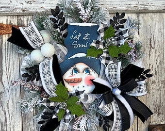 Winter Let It Snow Snowman wreath, hand painted snowman decoration, winter black and white snowman porch decor, frosted pine snowman wreath