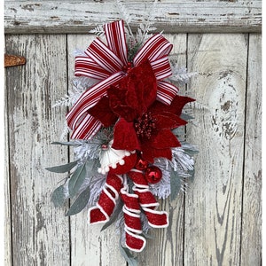 Peppermint poinsettia mini Christmas swag, red and white Christmas decorations, small door Christmas swag, Christmas stairway decoration