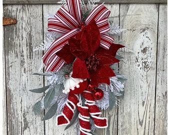 Peppermint poinsettia mini Christmas swag, red and white Christmas decorations, small door Christmas swag, Christmas stairway decoration