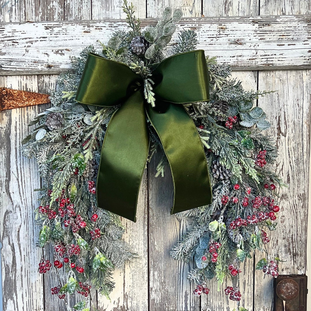 Winter Farmhouse Frosted Pine and Berry Door Swag, Red Berry Pine Swag