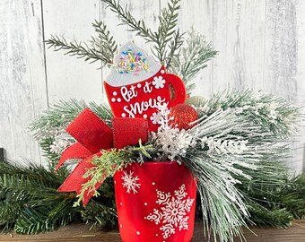 Snowflake winter mixed pine table decoration, Let it Snow red container small centerpiece, Christmas greenery snowflake accent arrangement