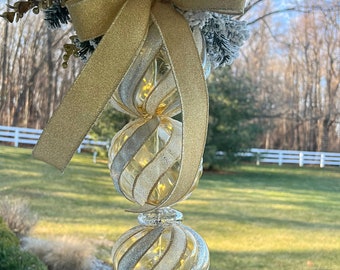 Gold battery operated light up hanging Christmas ornament for porch decorating, large Christmas ornament, gold Christmas decor,