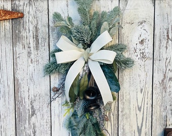 Winter pine and spruce mini bell swag, decorative greenery for winter porch, farmhouse mini winter pine swag, small winter frosted wreath