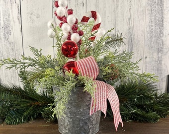 Candy cane and frosted cedar farmhouse table decor, small red and white holiday arrangement, red and white Christmas decoration table decor