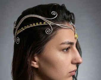 Elven Silver Wire Wrapped Circlet with Yellow Crystals - Fantasy Medieval Tiara - Fairy Queen Headpiece