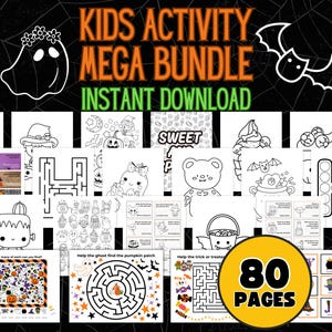 Halloween Kids Activity Bundle 80 pages, Printable Activity Pages, Halloween Coloring Page Mazes Spelling Jokes Memory Game, Fall Classroom