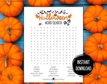 May include: A Halloween-themed word search puzzle with orange pumpkins arranged around the border. The word search includes Halloween-related words like "witch," "zombie," and "ghost." The words are in a grid with the title "Halloween Word Search."