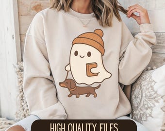 Kawaii Ghost Walking Dachshund PNG SVG: Retro Halloween Clipart (Digital Download)