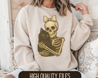 Skeleton Hugging Black Cat Clipart: Spooky Halloween PNG SVG (Digital Download