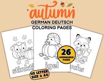 German Autumn Animals Coloring Pages: German Vocabulary, Preschool Activity (Digital Download)