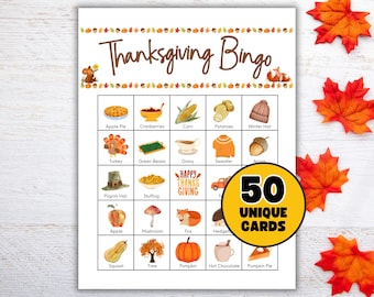 Thanksgiving Bingo Game: 50 Unique Cards, Woodland Creatures (Digital Download)