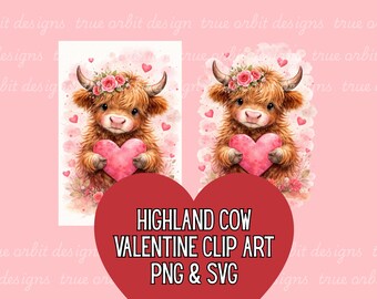 Highland Cow Valentine Clip Art Watercolor PNG & SVG