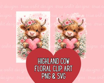 Highland Cow Floral Clip Art Watercolor PNG & SVG