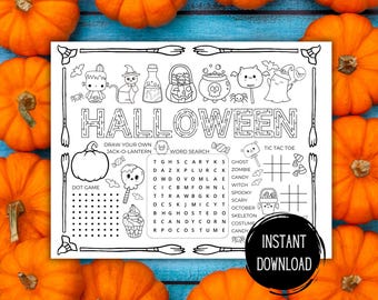 May include: A black and white printable Halloween activity sheet with a maze, word search, dot game, tic-tac-toe, and a section to draw your own jack-o-lantern. The sheet features cute Halloween characters like a ghost, a witch, a zombie, and a monster.