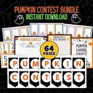 May include: A Halloween-themed bundle with the text "Pumpkin Contest Bundle Instant Download." The image features various printables, including contest ballots, a vote tracker, a winner certificate, and a banner that spells out "Pumpkin Contest."