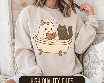 Kawaii Ghost in Bathtub Clipart: Black Cat, Retro Halloween (PNG SVG Digital Download)