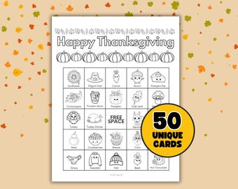 Thanksgiving Coloring Bingo: 50 Unique Cards, Family Game (Digital Download)