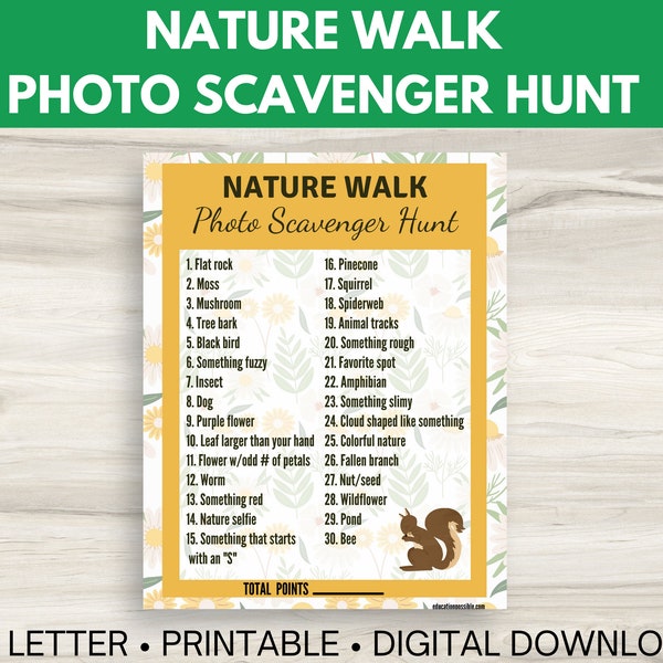 Nature Walk Photo Scavenger Hunt - Printable Games - Outdoor Activity for Kids, Tweens, Teens & Adults