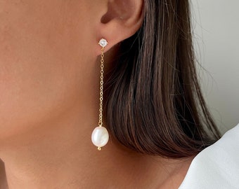 Real Pearls and Dainty CZ Diamond Earrings, Minimalist long Earrings, Bridal Earrings, Wedding Jewelry, Anniversary Gift, teardrop pearls