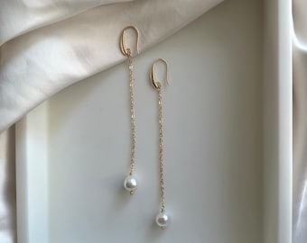 Long chain Pearl earrings | Pearl drop dangle earrings | 14K Gold Filled earrings and 925 Sterling Silver | Bridal earrings |