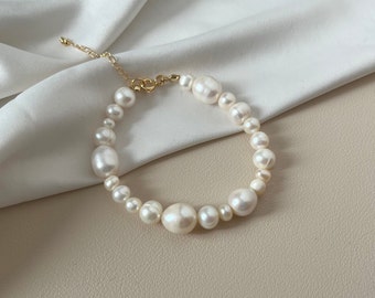 Irregular freshwater pearl bracelet with mixed size and shape pearls, sterling silver & gold filled clasp, gift idea, stylish pearl bracelet